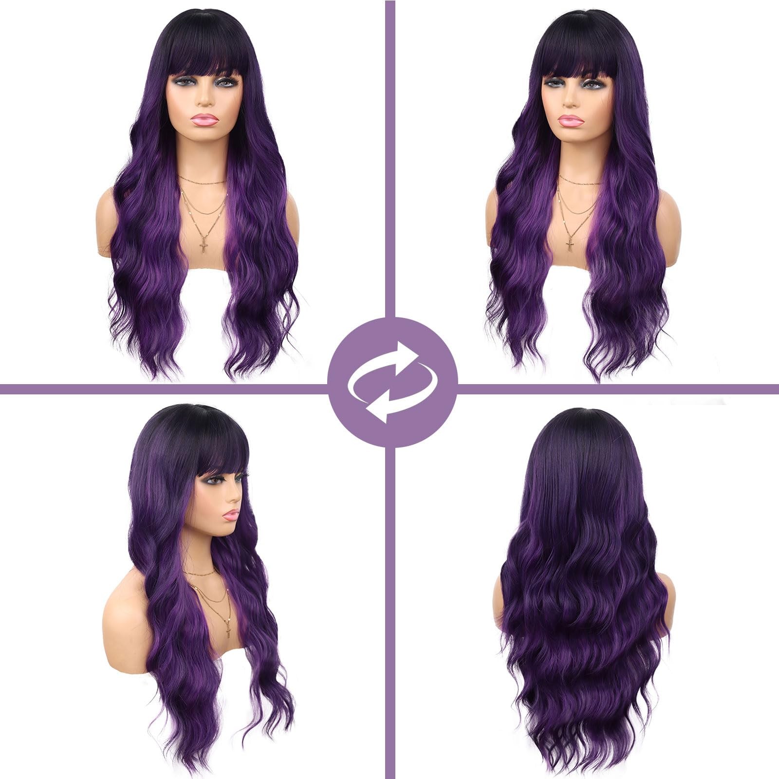 Purple Wig With Bangs Black and Purple Wigs for Women Long Curly Wavy Wig wit…