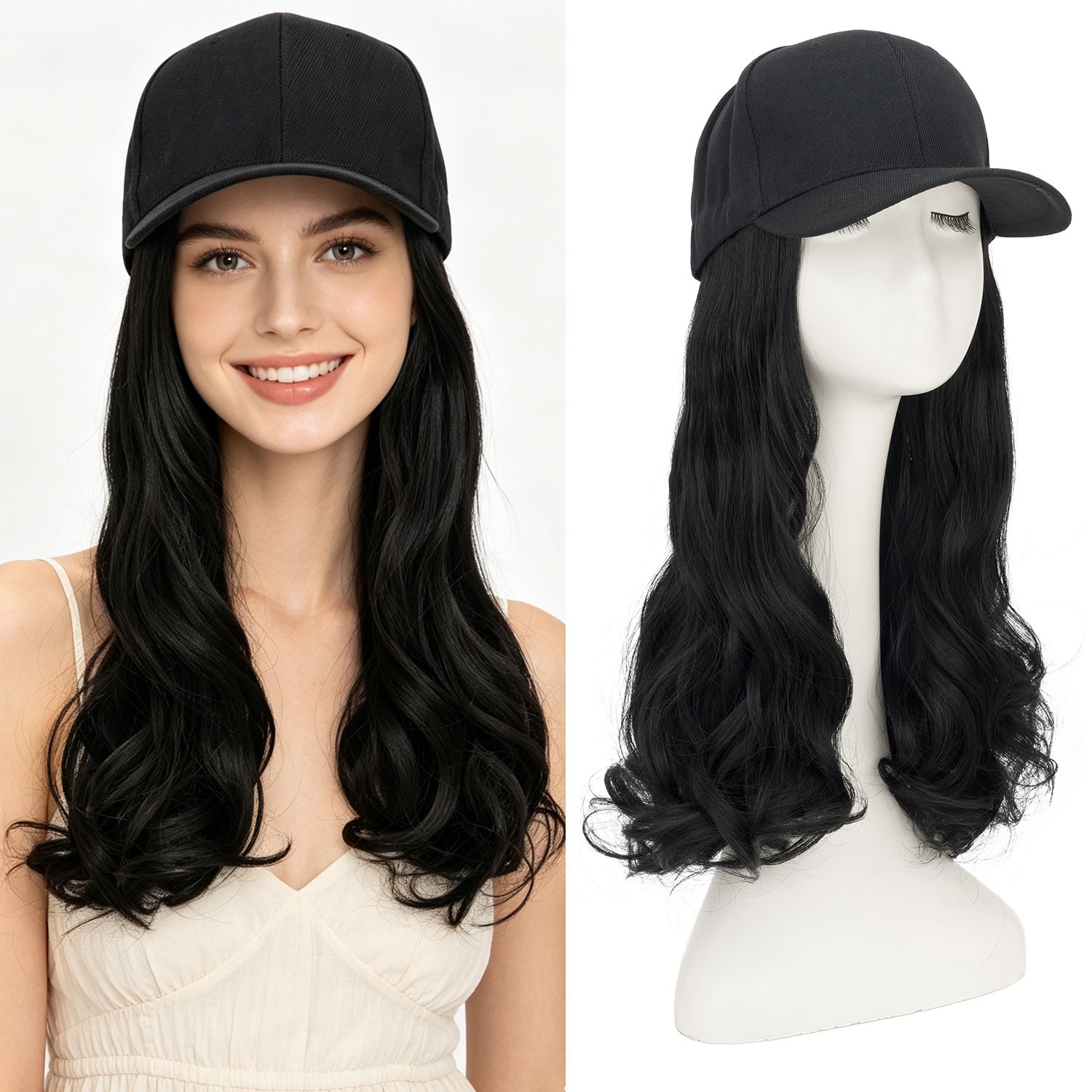 Instant Style 16″ Body Wave Cap Wig Adjustable Baseball Hat with Attached Hair M