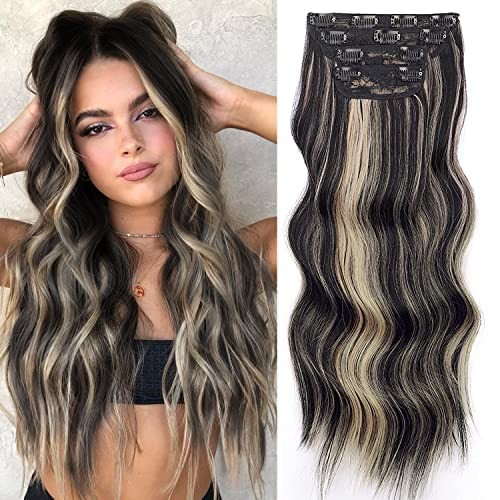 Wavy Hair Extension for 4Pcs Black Mix Blonde Long Clip in Hair Extensions So…
