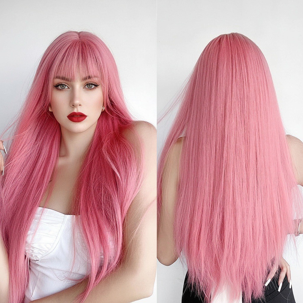 Blonde Long Straight Bangs Synthetic Wig with Rose Net High Temperature Fiber