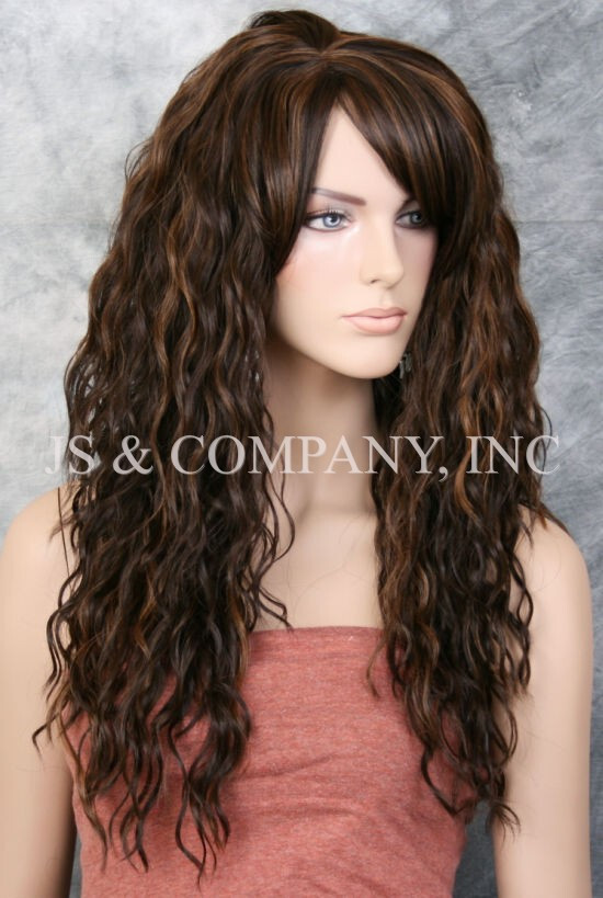 Human Hair Blend Full Wig HEAT SAFE Long Spanish Wavy Layers HDF Brown mix 4/30