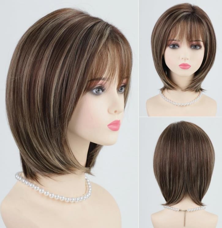 Ombre Brown with Blonde Highlights Layered Bob Wig with Bangs Medium Length
