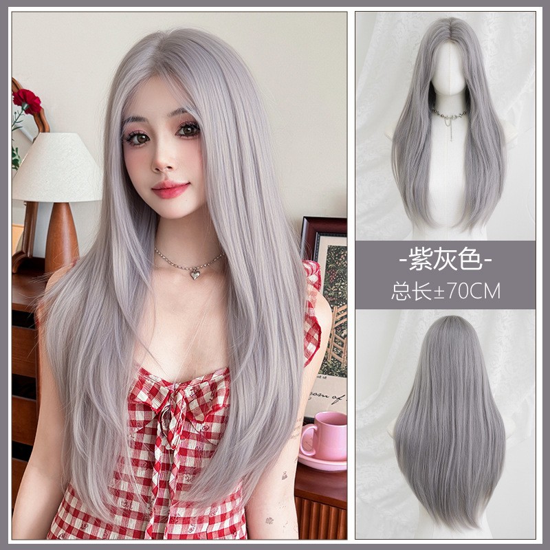 Purple Grey Middle Part Long Straight Wig Pre Plucked Lace Front Hand Tied