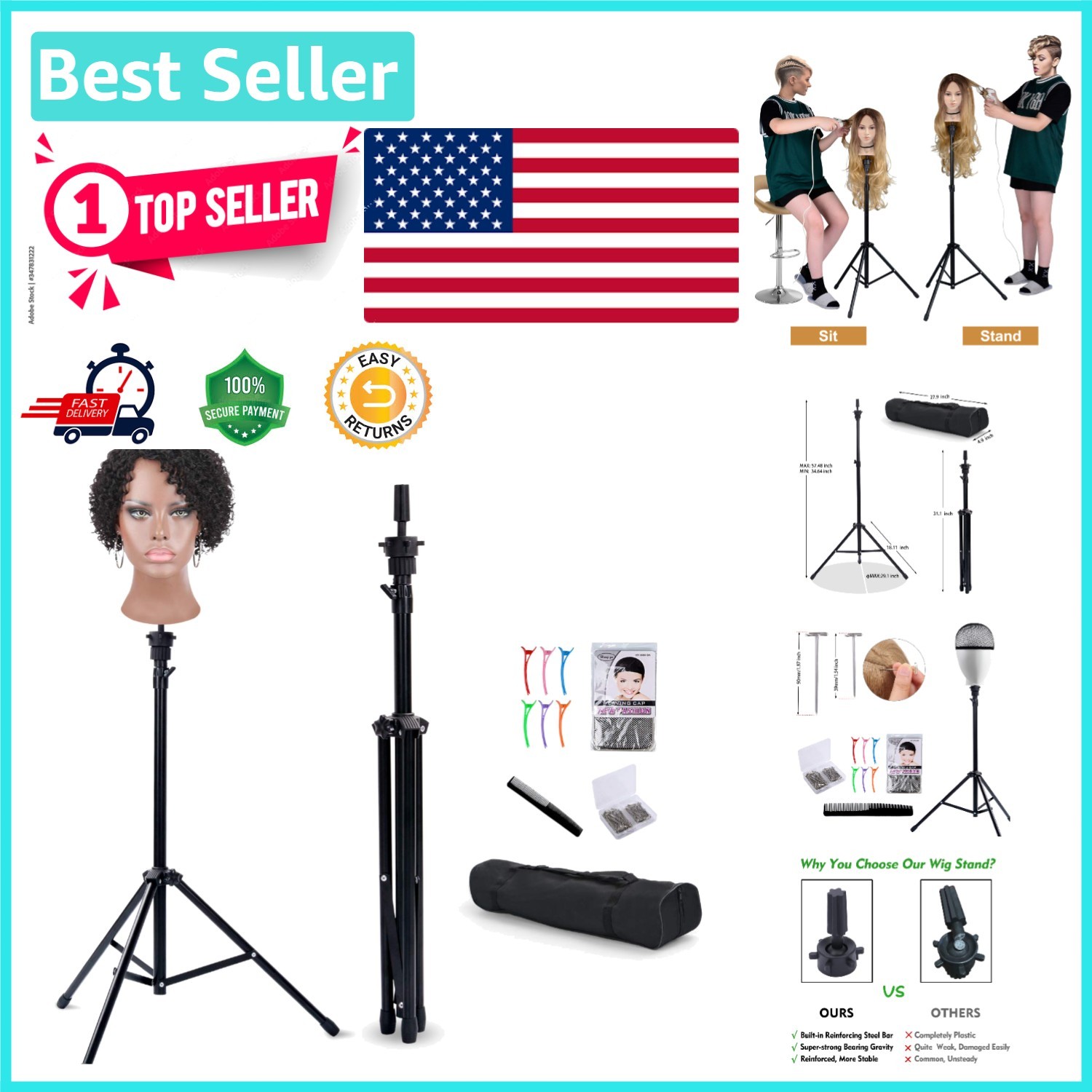 Reinforced Adjustable Wig Stand Tripod – Complete Cosmetology Training Kit