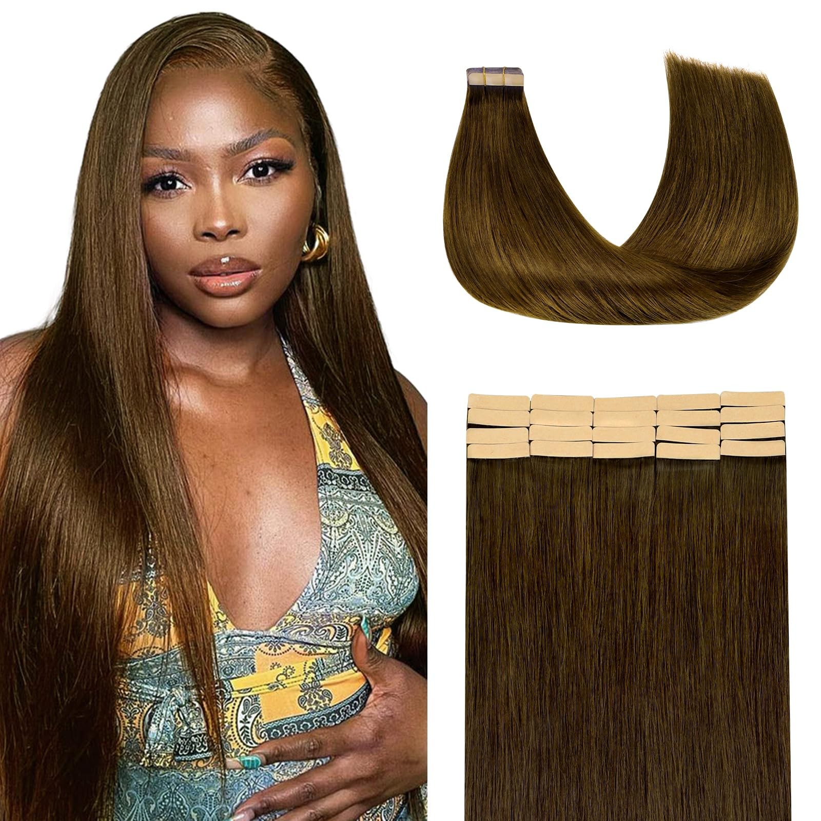 Lashey Tape In Hair Extensions Human Hair 50G 20Pcs 20 Inch Chocolate Brown