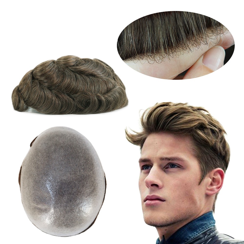 Toupee for Men Human Hair System 0.03 Ultra Thin Skin V-Lopped Hairpiece #7ASH