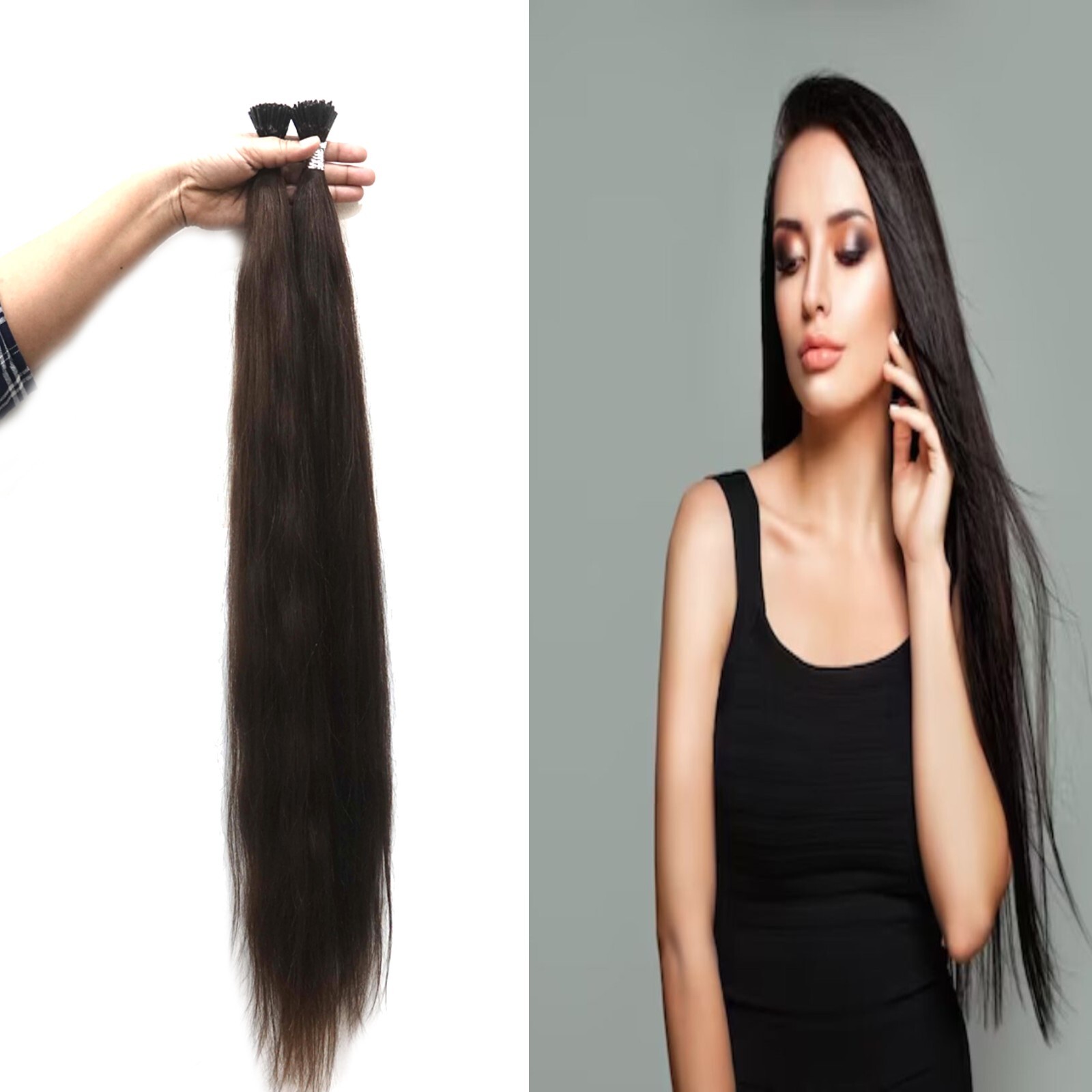 24- inch I Tip Remy Real Human Hair Extensions Straight Wavy Natural Black 100gm