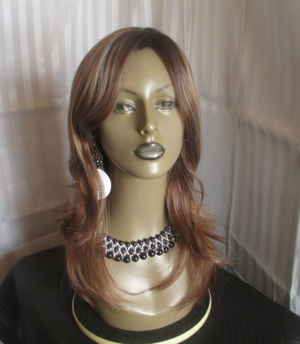 Renershow wig long layer, auburn w/brown long curtain bangs black roots NEW