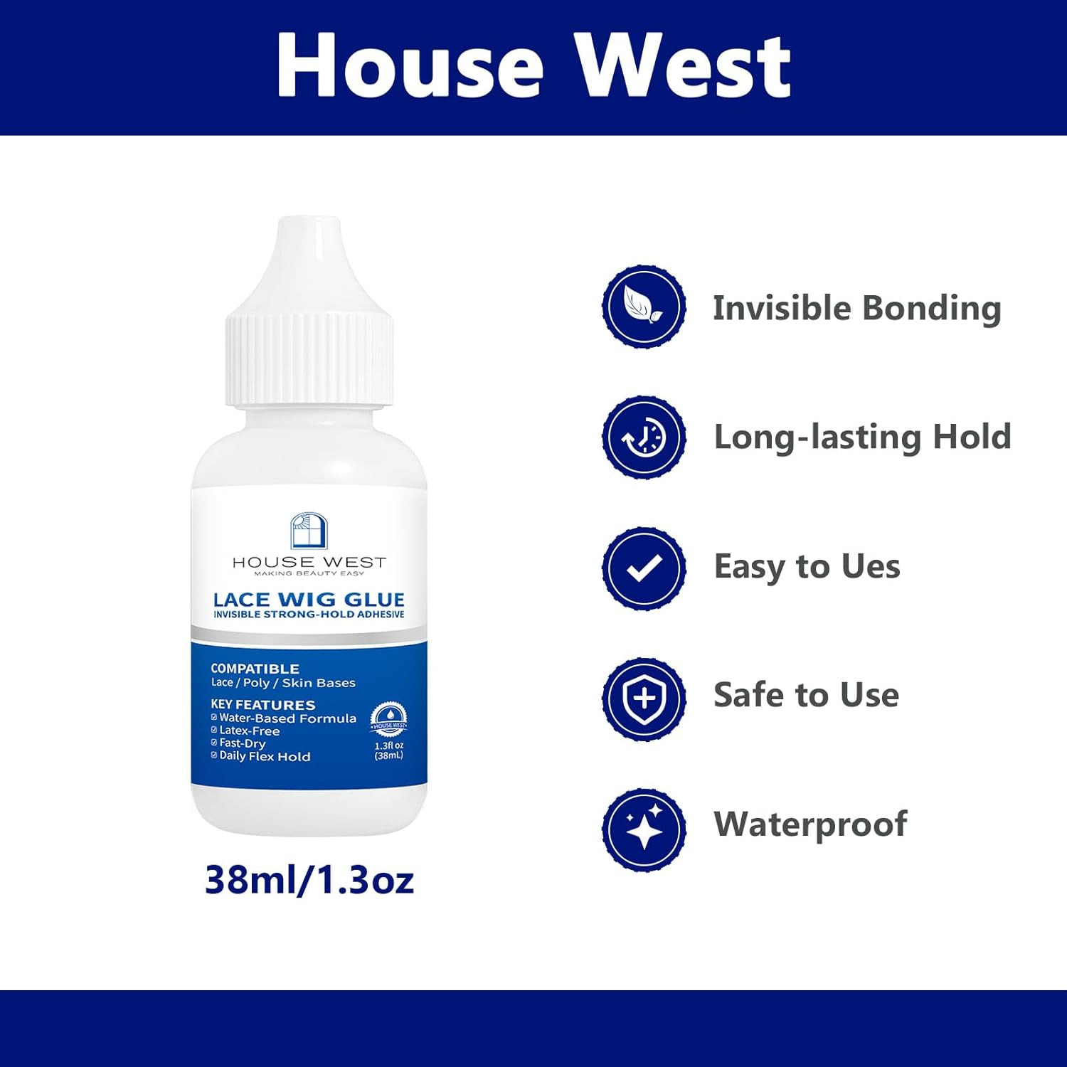 Lace Wig Glue – Waterproof & Invisible Bonding Adhesive, 1.3 Oz (38Ml) Strong Ho