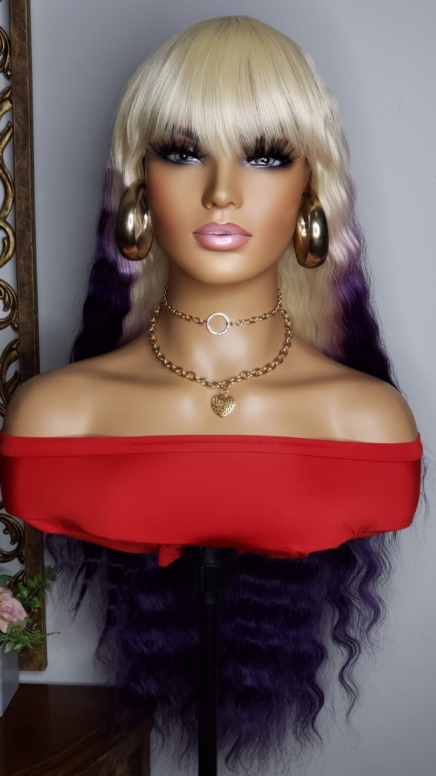 New Long Wavy Crimp Bangs Style Full Cap Wig 613 Blonde Purple Hair Womens Wigs