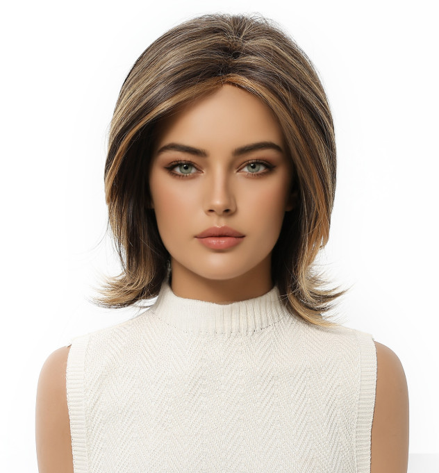 Short Wavy Bouncy Brown Mix Synthetic Hair Wigs Women Soft Natural Daily