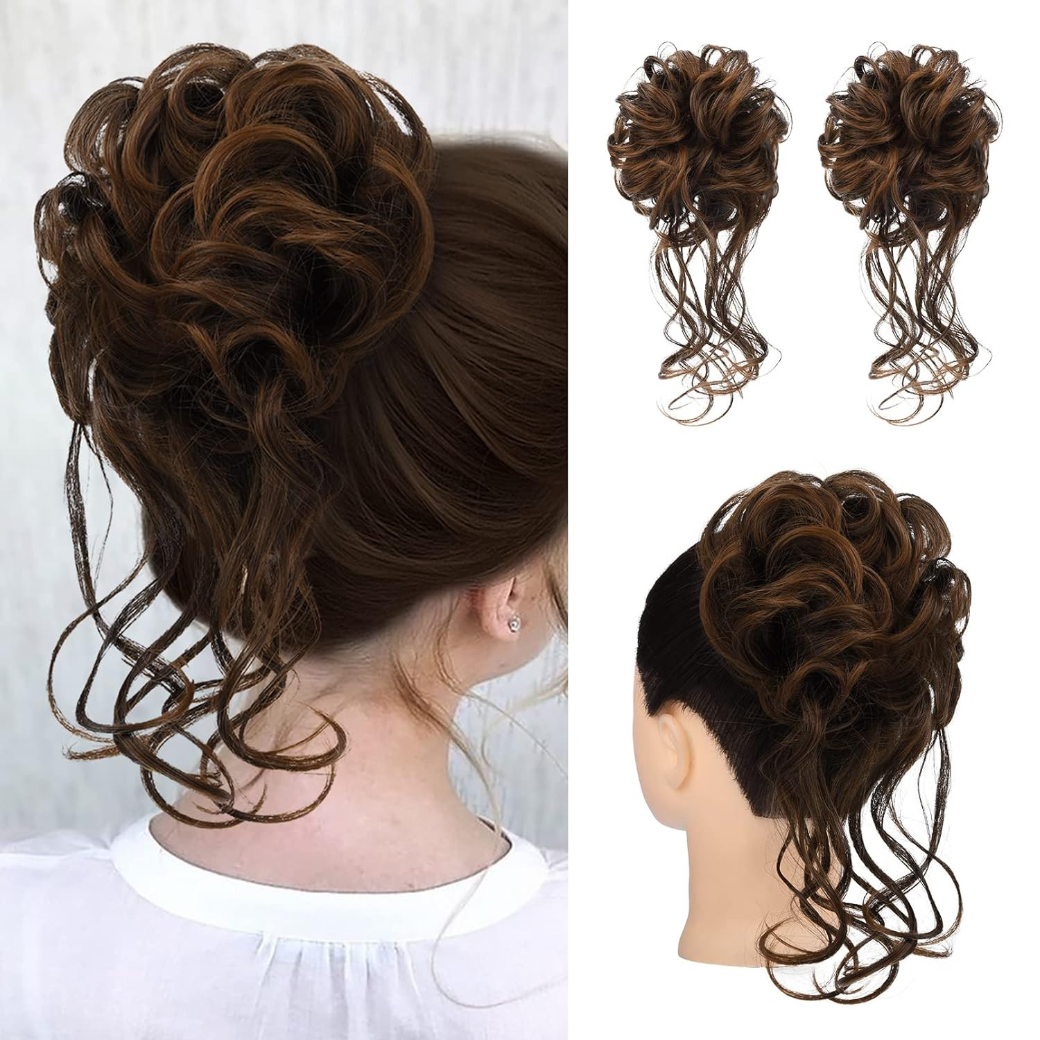 2PCS Messy Bun Hair Piece, Tousled Updo with Tendrils Bun Extensions Wavy Curly