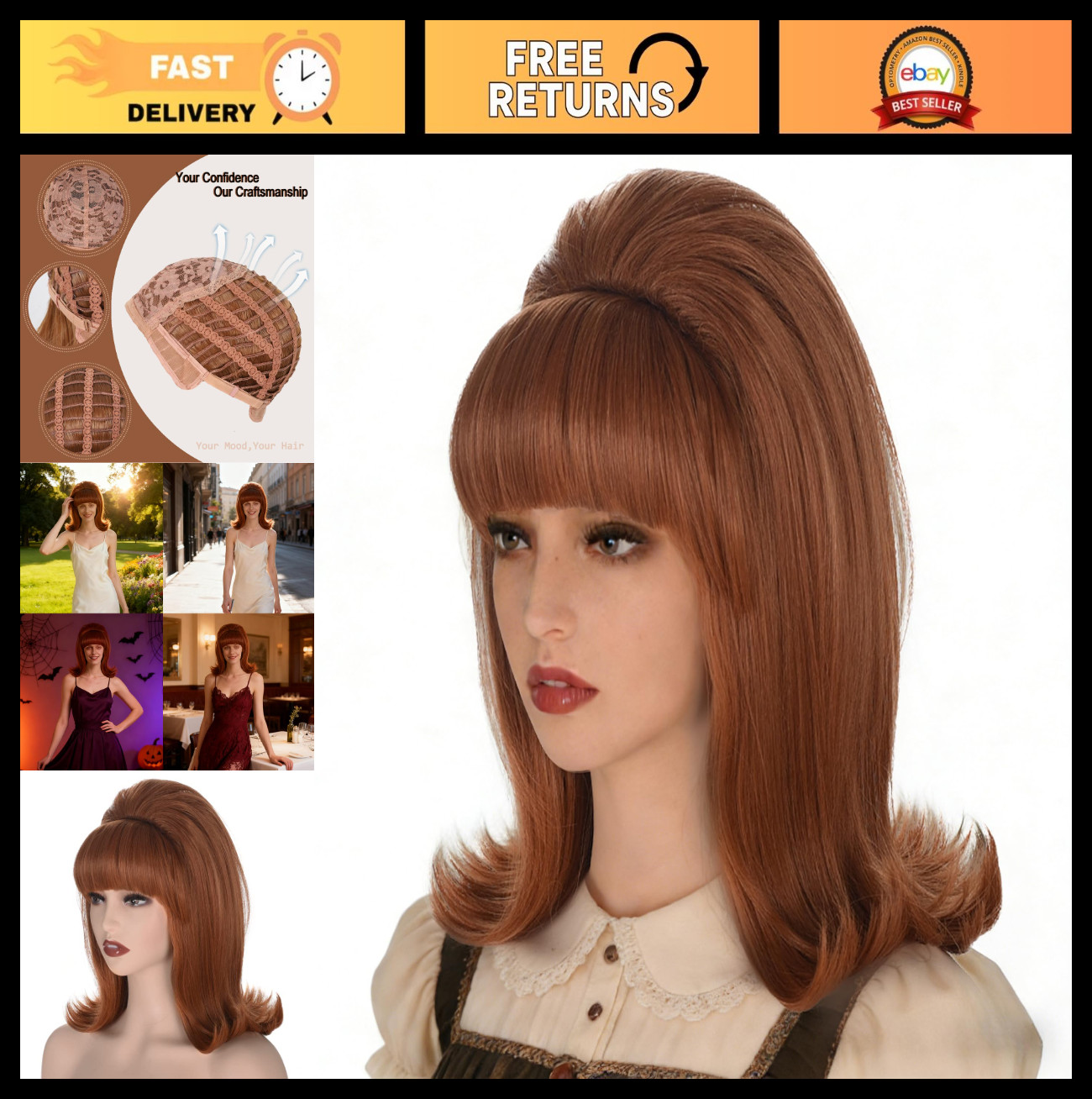 Retro 70s 60s Beehive Bouffant Wig for Women – Vintage Costume Hair with Bangs (