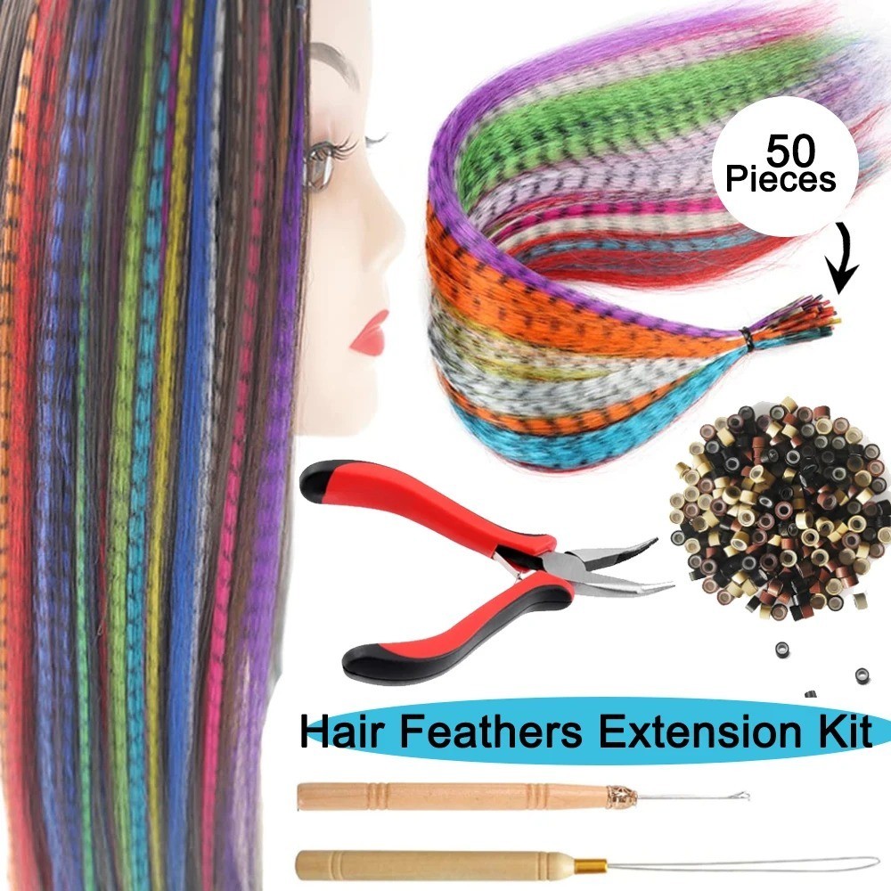 50pcs Grizzly Synthetic Feather Straight Hair Extensions 40cm With 100 Beads Set