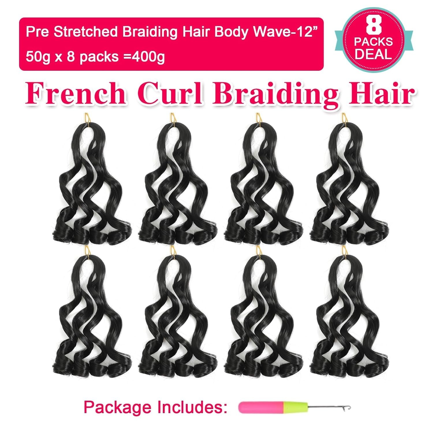 French Curl Braiding Hair 14” Natural Black – Pre-Stretched Curly Braids 8 Packs