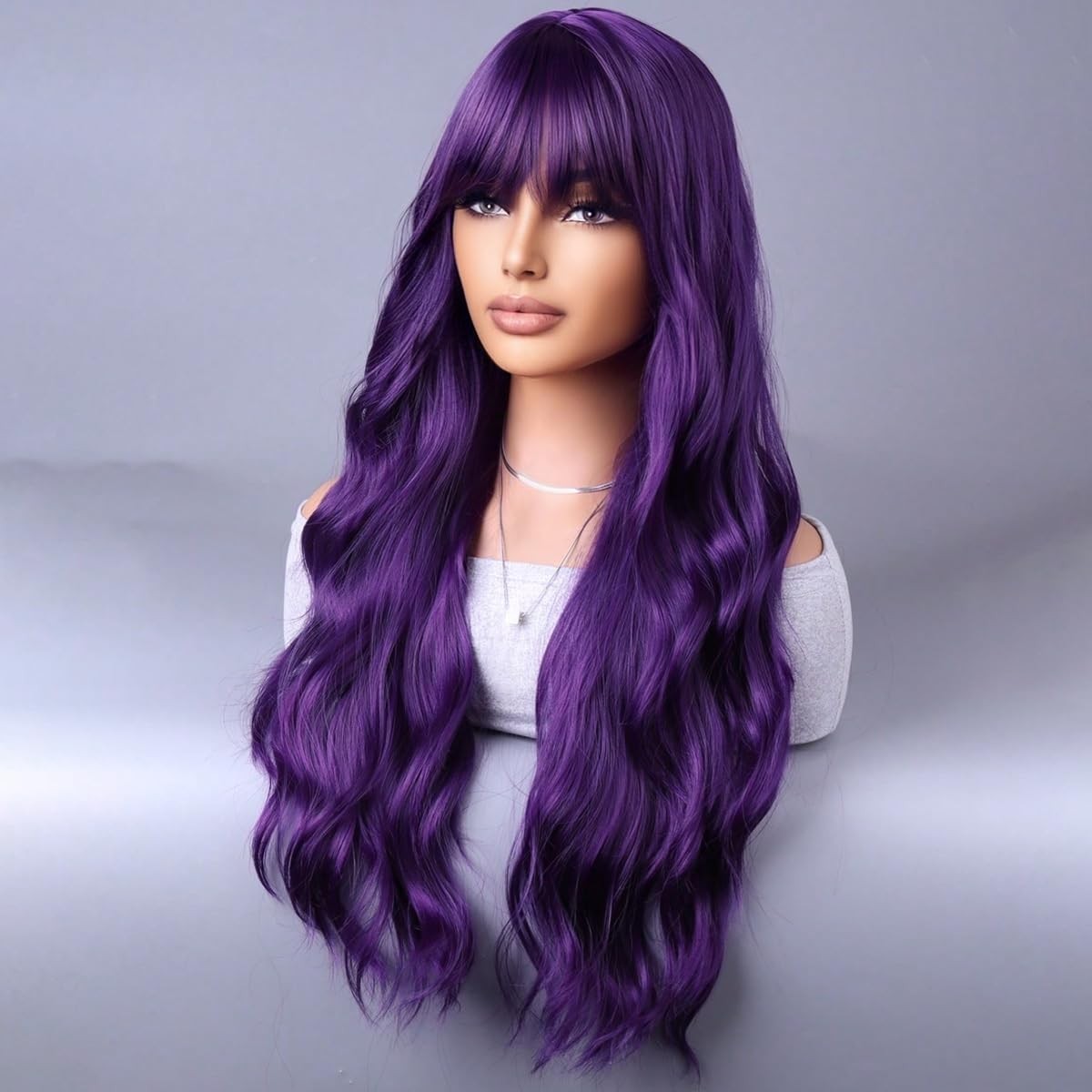 Dark Purple Wigs for Women Long Curly Wavy Dark Purple With Bangs Heat Resist…