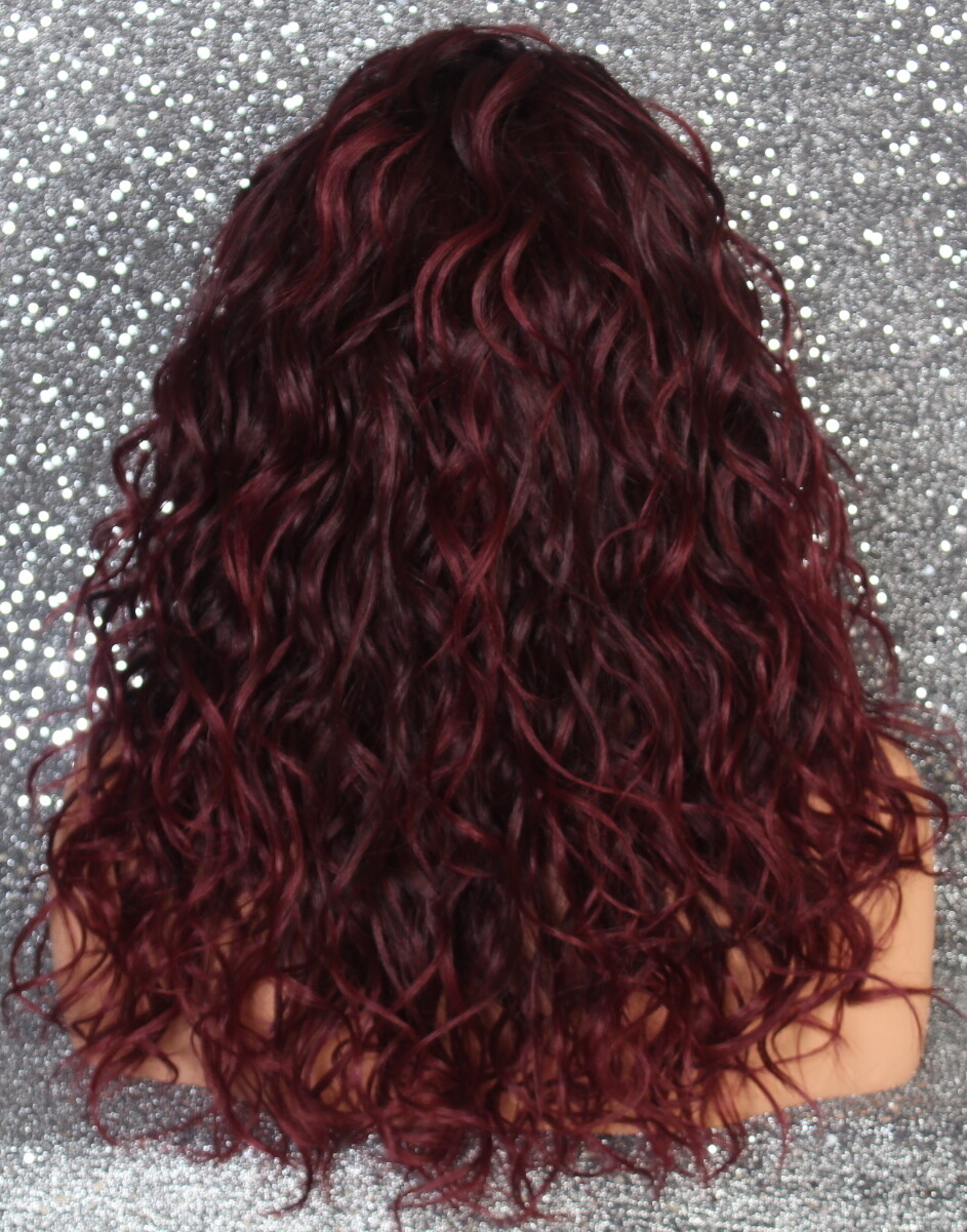 Human Hair Blend Long HEAT OK Full Lace Front Wig Burgundy mix wavy WEYC 1B-burg