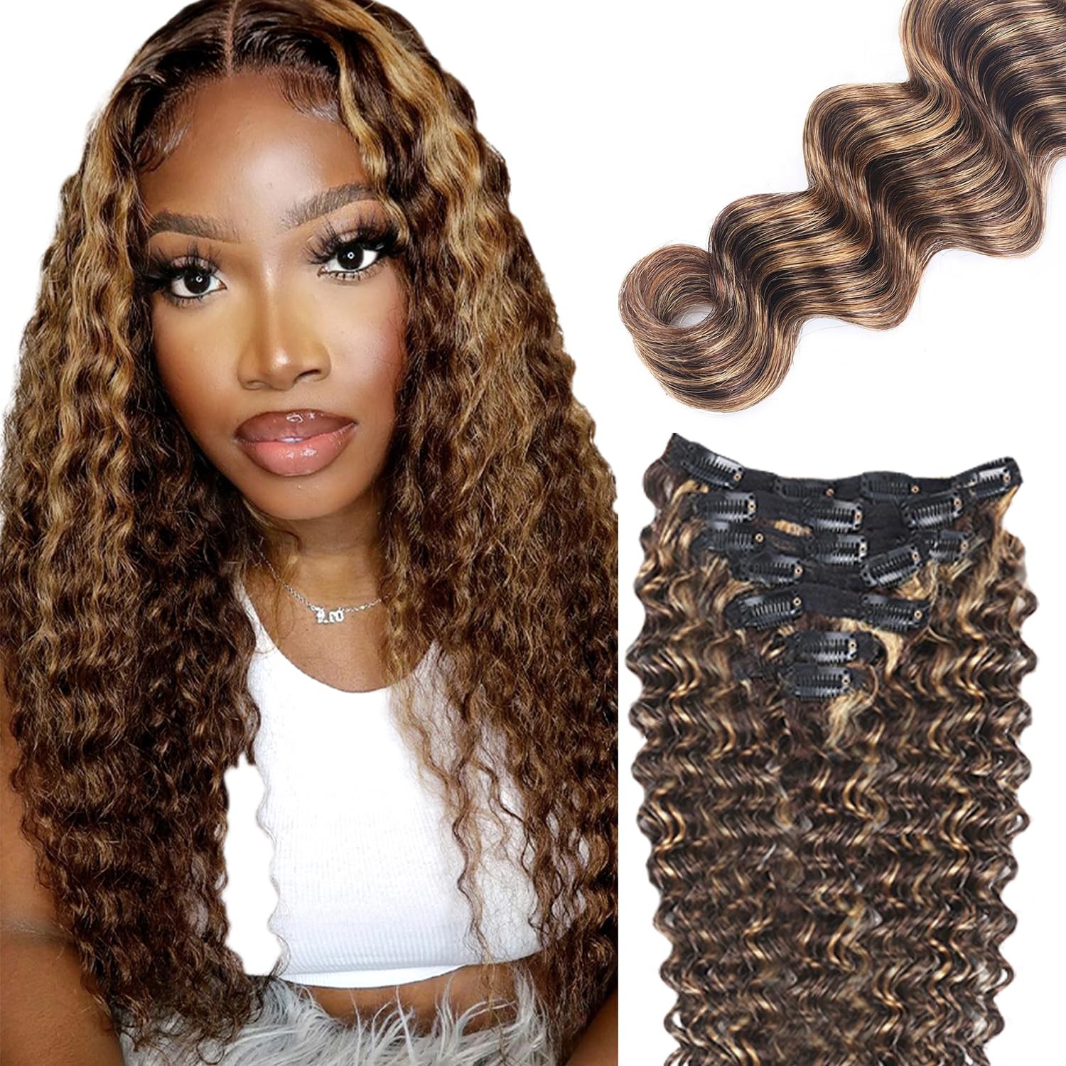 P4/27 Highlight Brown Deep Wave Clip in Hair Extensions – 12 Inch Real Remy H…