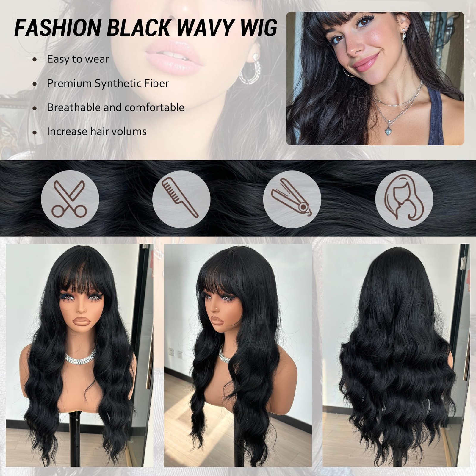 Black Wig with Bangs Long Black Wavy Wigs for Women 26 Inch Long Synthetic Wi…