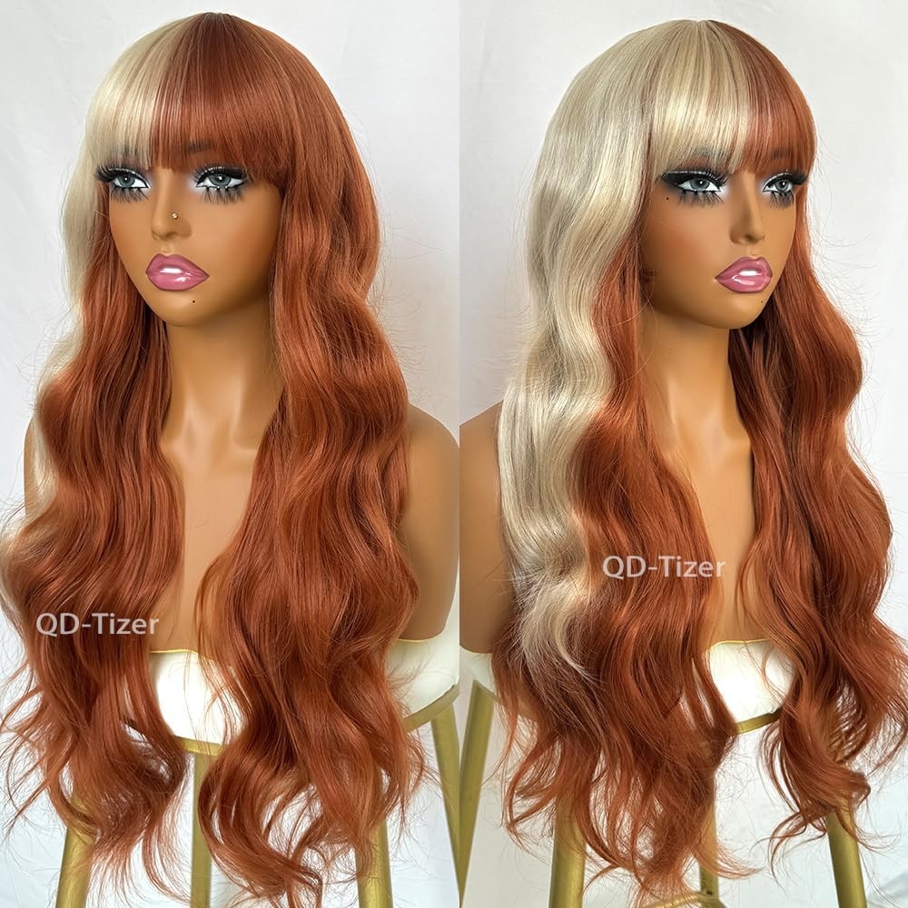 Blonde and Copper Synthetic Wigs Long Wavy Curly with Bangs for Cosplay and P…