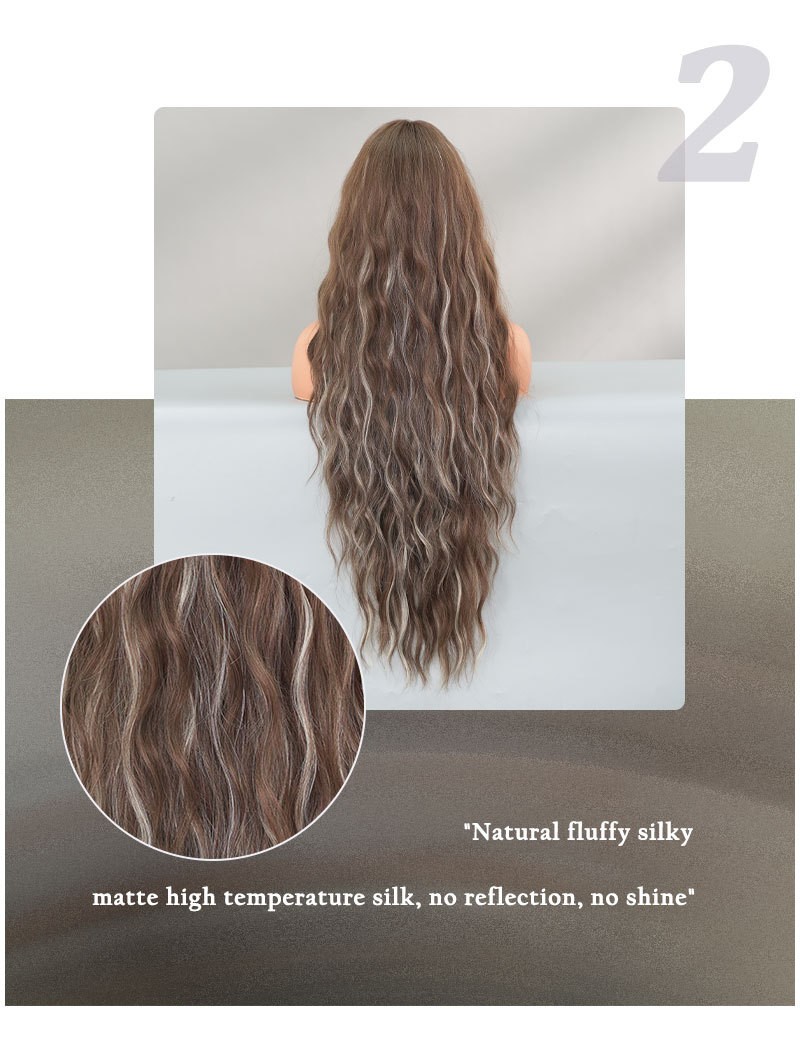 36in Extra Long Highlighted Wavy Wig with Bangs Heat Resistant Synthetic Cosplay