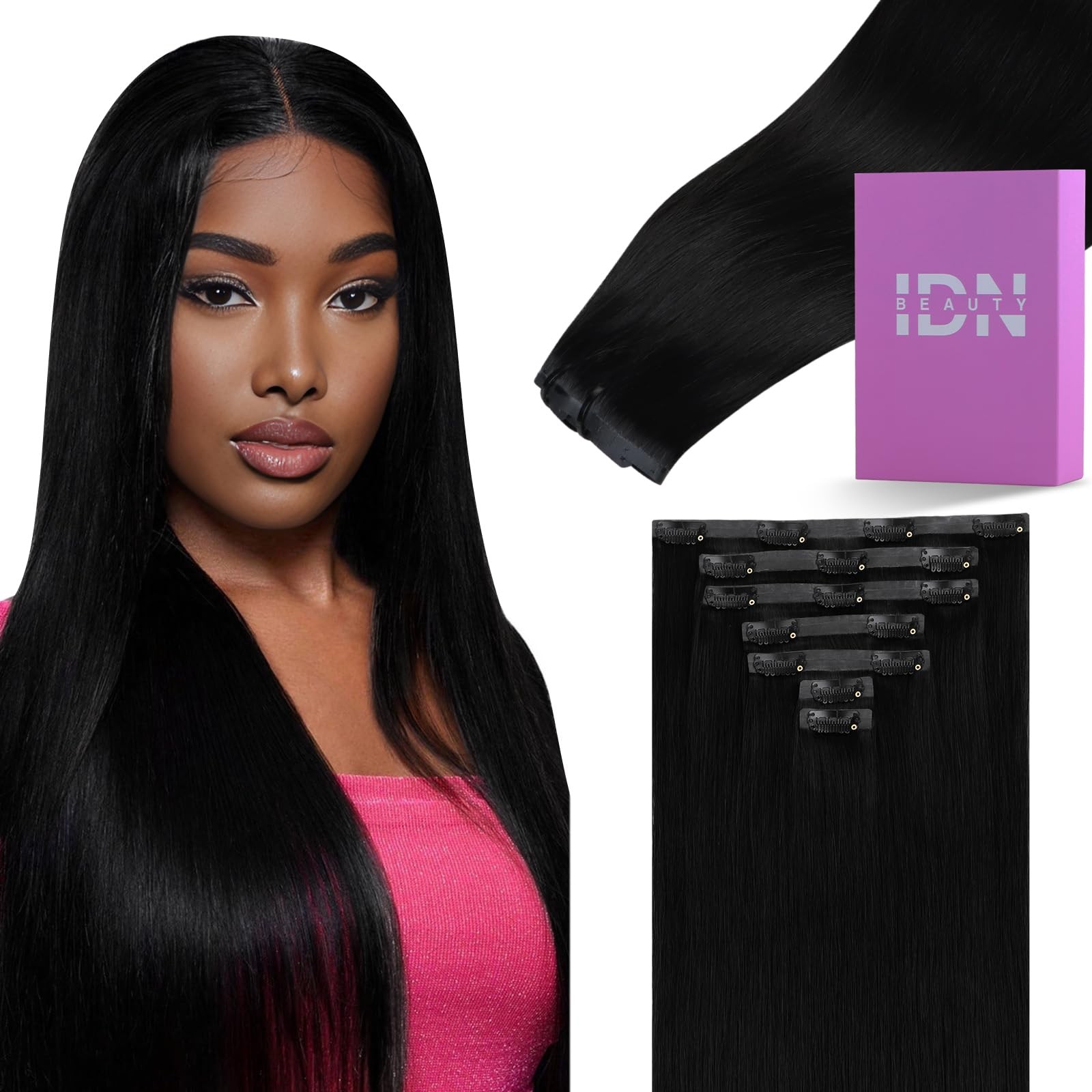 IDN BEAUTY Seamless Clip In Hair Extensions Human Hair Jet Black Real Remy Virgi