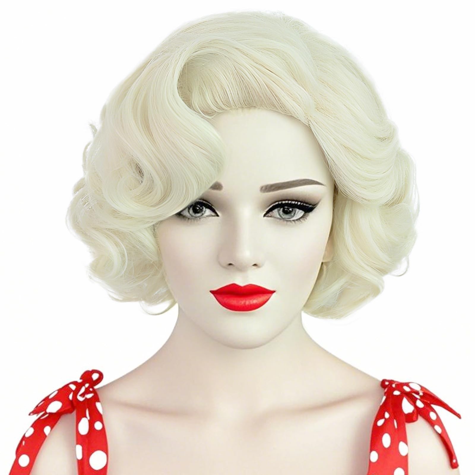Hair Cap+ White Curly Wig Women Short Blonde Wig Cosplay Big Wavy 80s Flip Wi…
