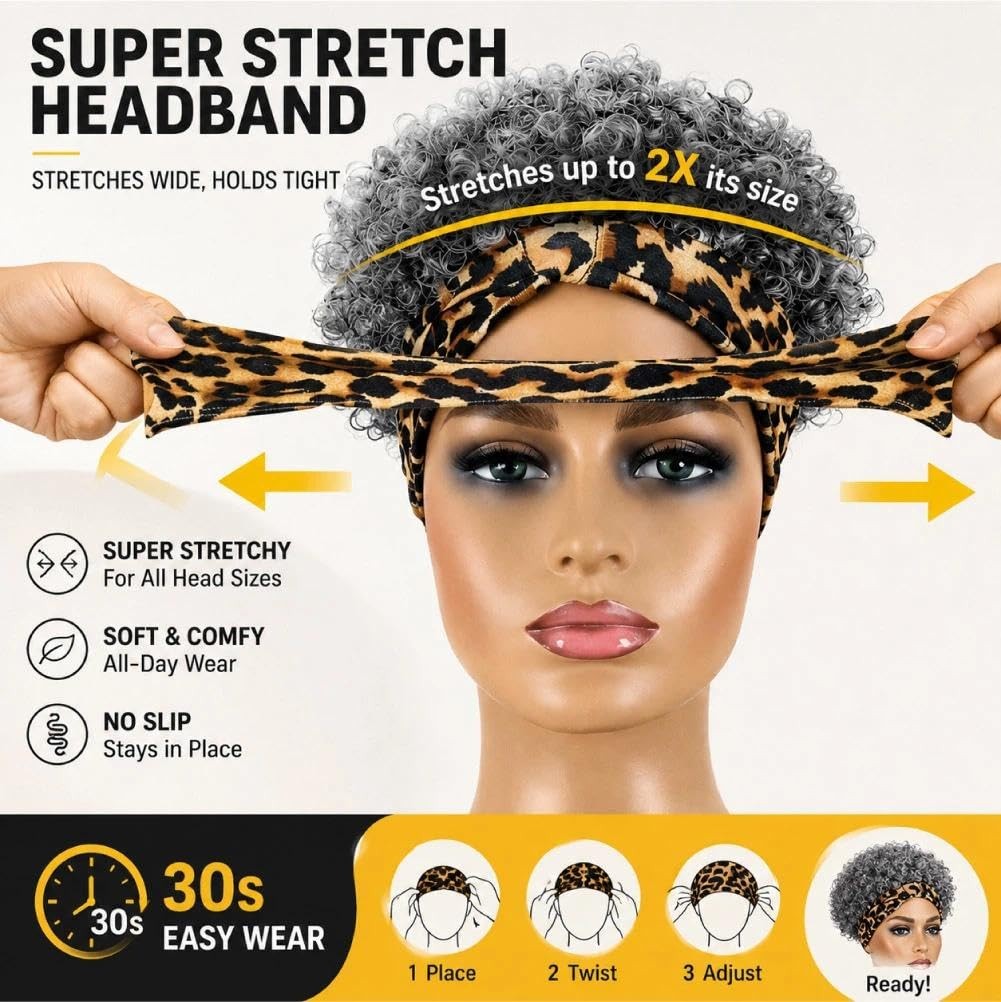 Salt and Pepper Headband Wig Short Curly Wigs with Headbands Attached for Bla…