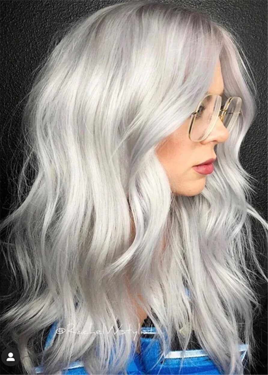 All-over Natural Silver-White Synthetic Straight Hair Women Capless Wigs 20 Inch