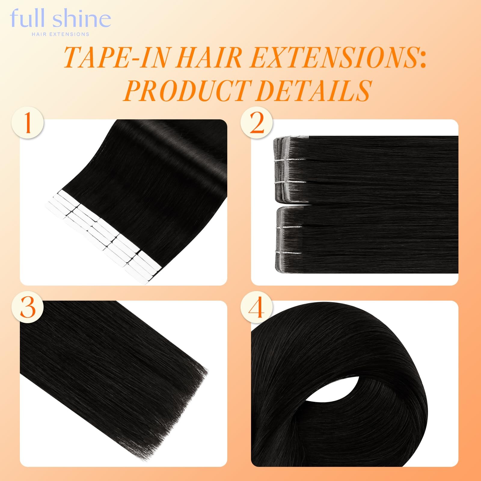 Full Shine Injected Tape In Hair Extensions 1B Natural Black Human Hair