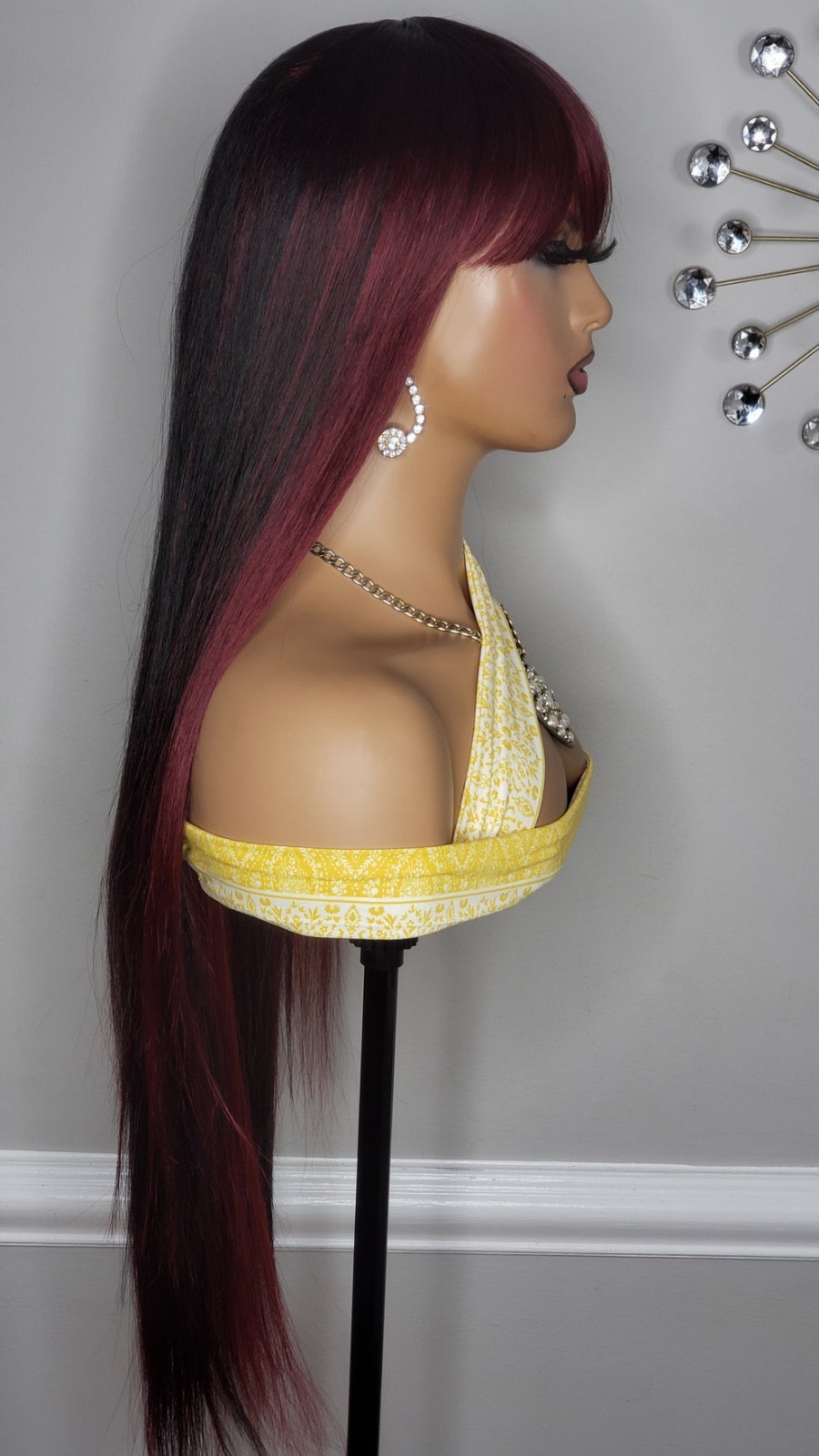 New Extra Long Straight Bang Style Burgundy Black 99J Red Wine Hair Full Cap Wig