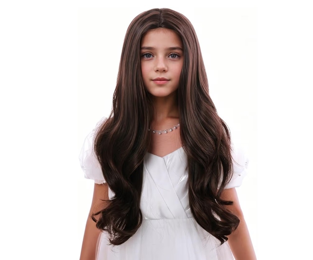 Child’s/Girls Long Dark Brown Wavy Wig Heat Resistant Synthetic
