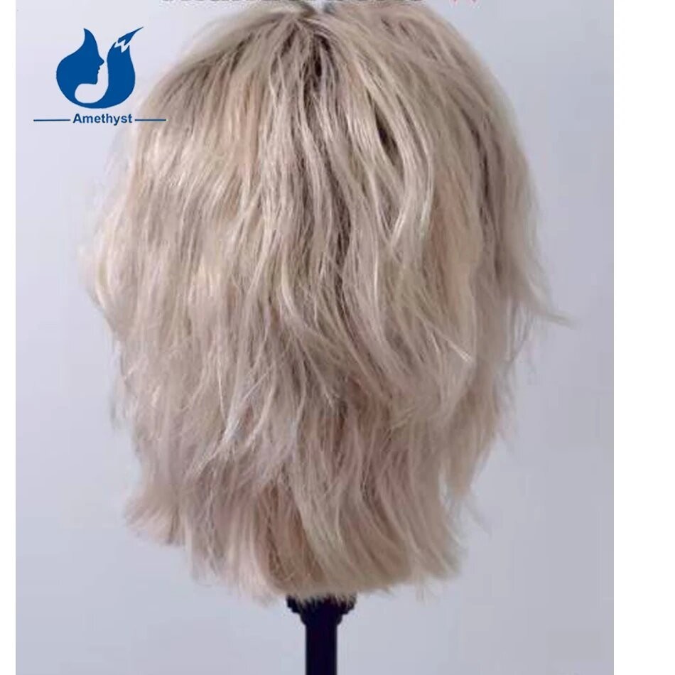 Human Hair Wig for Men White Platinum Blonde with Dark Roots Boy Cut Male Wig