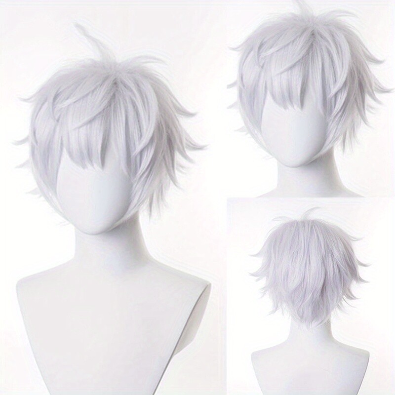 Men Silver White Wig Short Straight Synthetic Anime Hair High Temperature Fiber