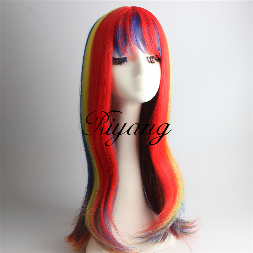 Multi-Color Straight Rainbow Costume Wig with Full Bang Long for Women Synthetic