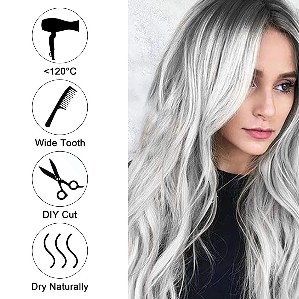 Silver Gray Wig for Women Ombre Natural Cosplay Party Wavy Full Heat Resistant