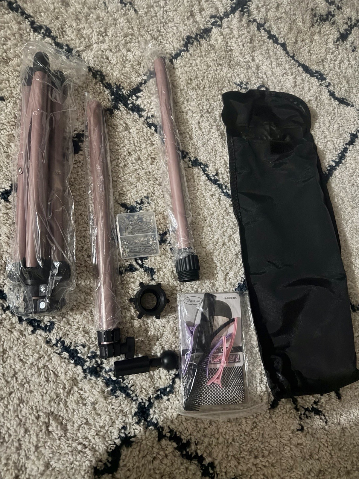 Pink Adjustable Tripod Wig Stand Holder Kit w/ Carry Bag, Clips & Combs