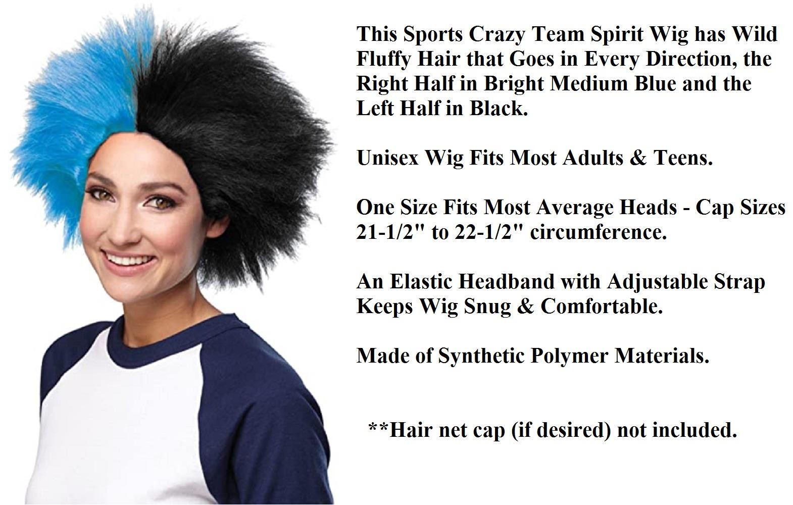 Blue & Black 2-Tone Sports Fan Wig Team Spirit Unisex Crazy Hair Adult Costume