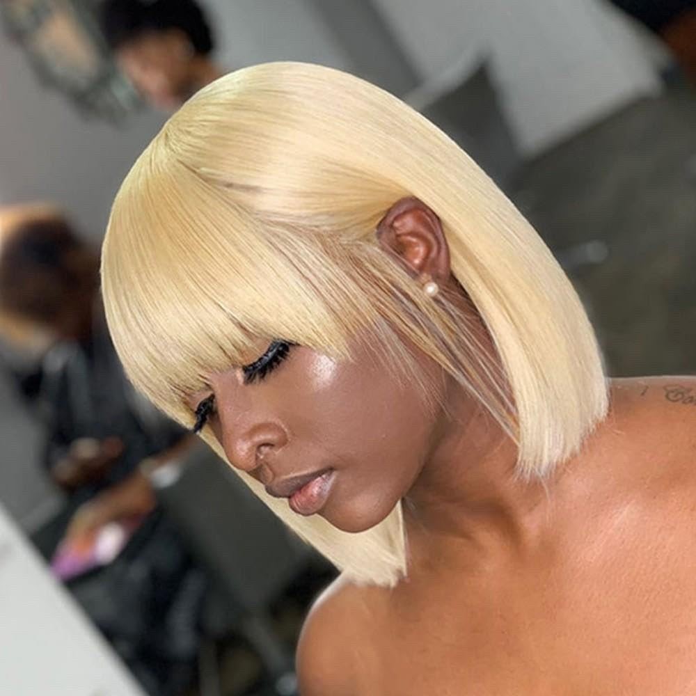 12″ Short Black Straight Wig with Bangs for Women,Made Of High Temperature Fiber