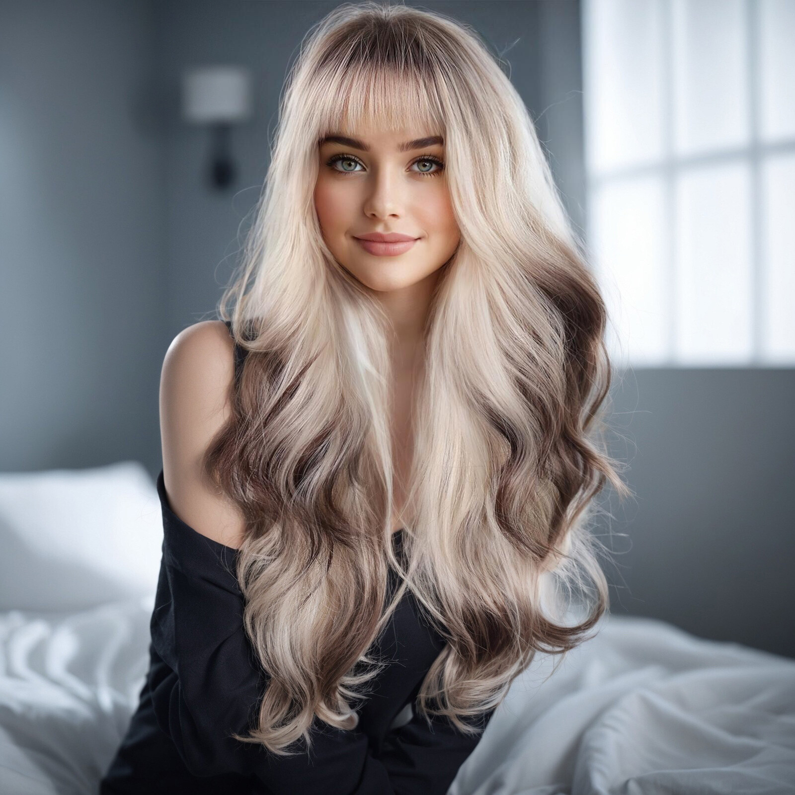 28 Inch Gradient Brown Wig with Bangs Women’s Blonde Mixed Brown Wig