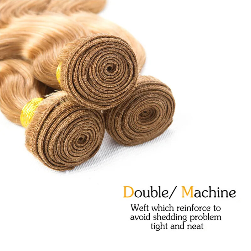 12A BRAZILIAN HUMAN HAIR WEFT 3/4BUNDLES+LACE CLOSURE HONEY BLONDE 27# BODY WAVE