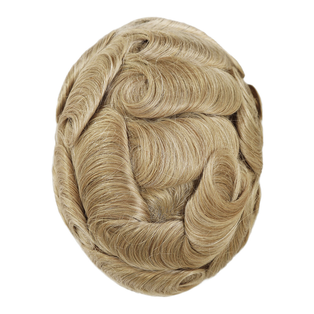 Super Mens Toupee Thin Skin Human Hair Replacement System Gent Hairpiece Blond