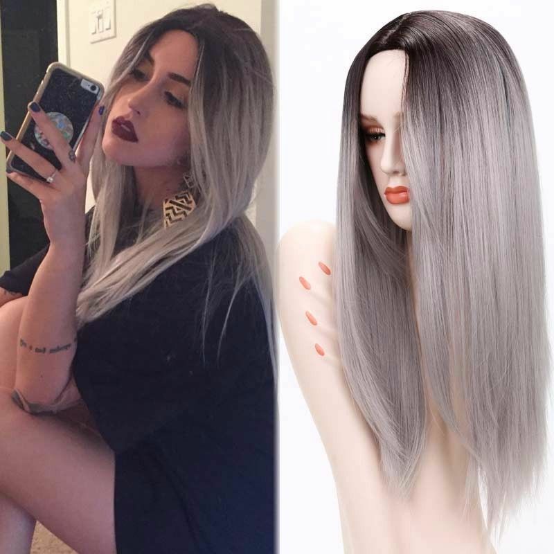 Long Straight Middle Part Wig Black Grey Blue Heat Resistant Synthetic Hair USA