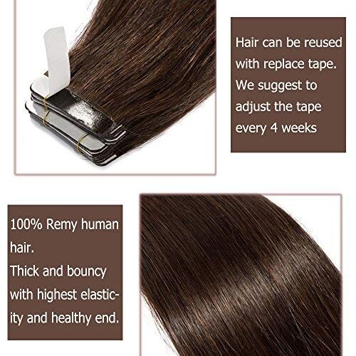 Tape in Real Human Hair Extensions Dark Brown #2 Seamless Straight Skin Weft 14″
