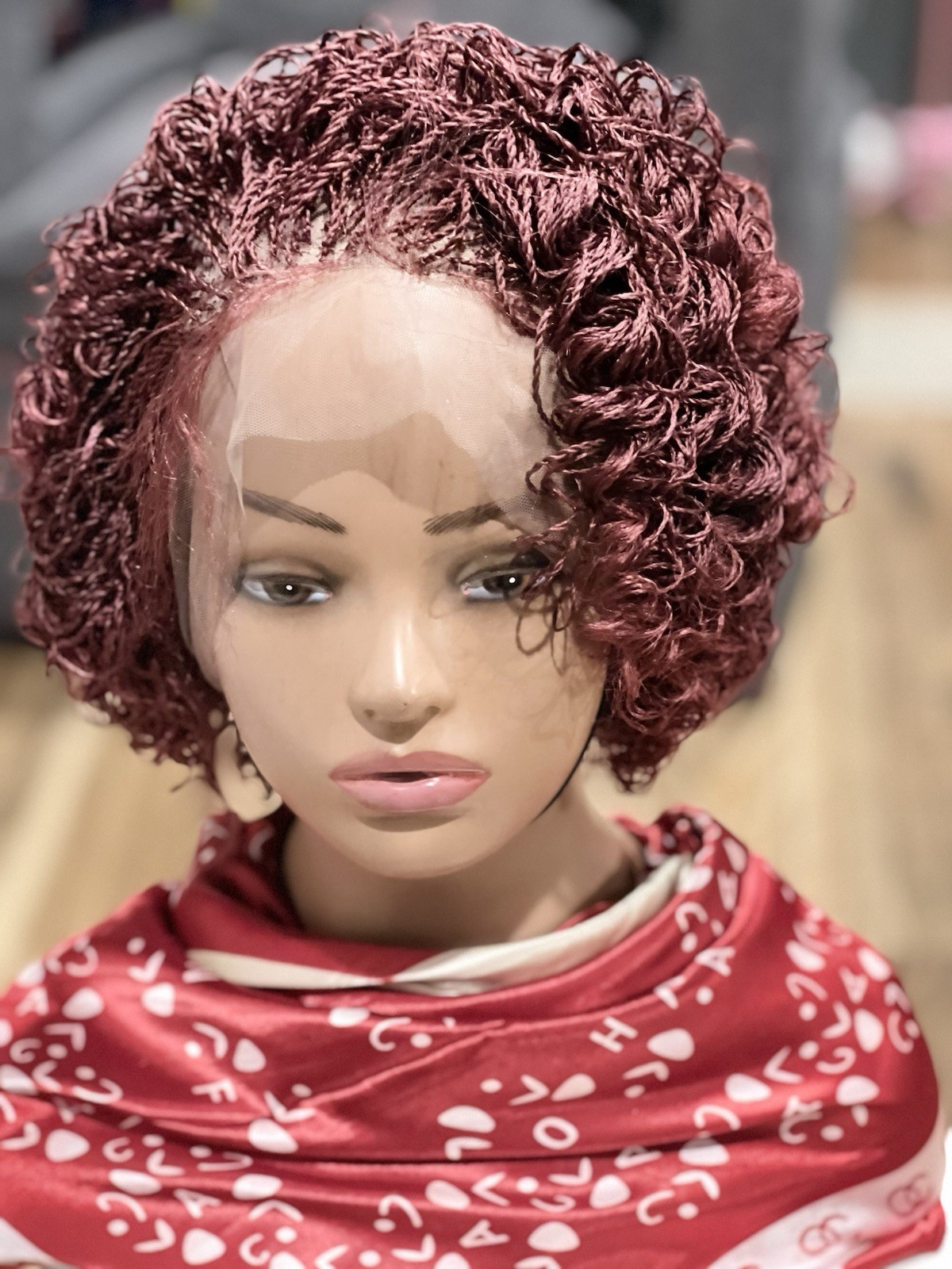 Braided micro twist Curly Burgundy Wig. made on a full lace wig.READY TO SHIP.