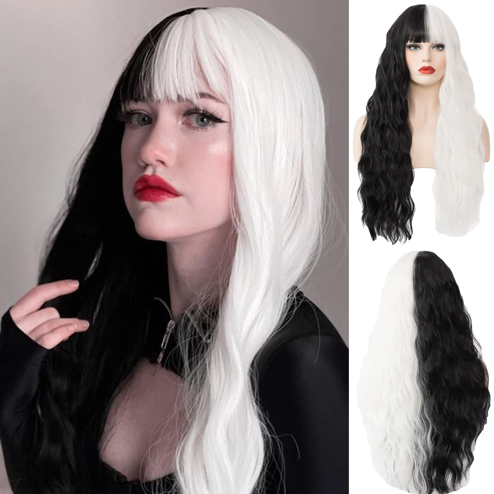 Women’s Black and White Wig 27 Inches Long Curly Wavy Hair Wig Heat Resistant…