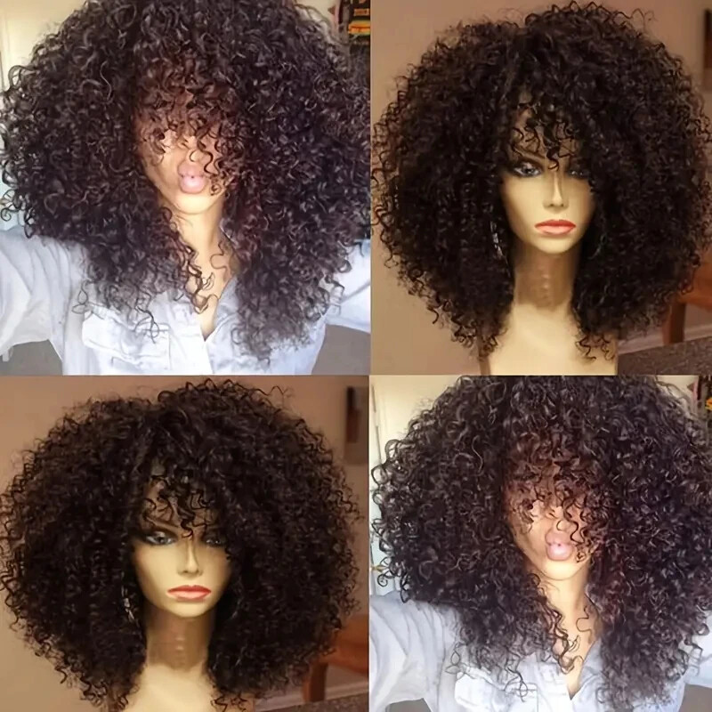 Afro Kinky Curly Wig 16 Inch Synthetic Hair with Bangs for Daily Wear