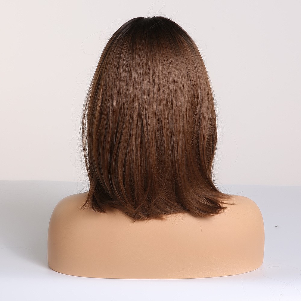Natural Black Brown Ombre Shoulder Length Short Straight Full Wig With Bangs