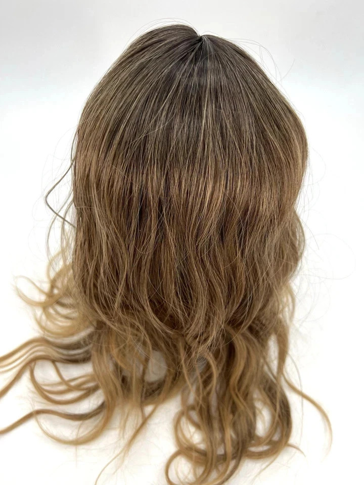 20 In Human Hair Wig Brown / Dark Roots Wavy With Bang Women Premium Hair Topper