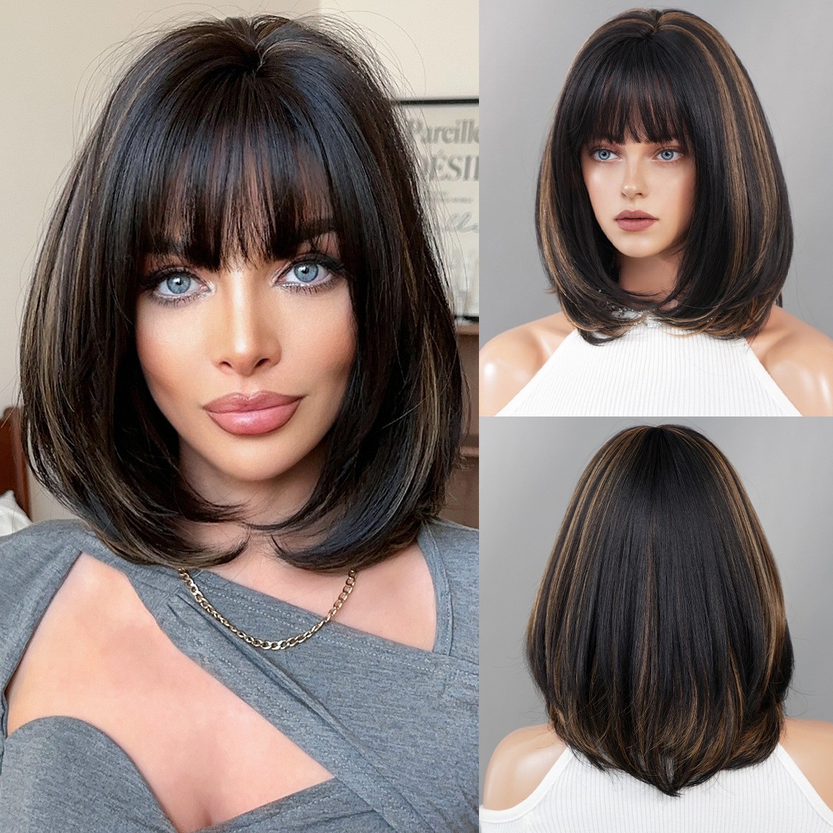 Bob Wig Shoulder Length Black Blonde Highlight Layered Full Head Straight Hair